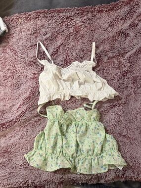 H&M White Ruffle Top with Pale Green Floral Trim bundle of 2